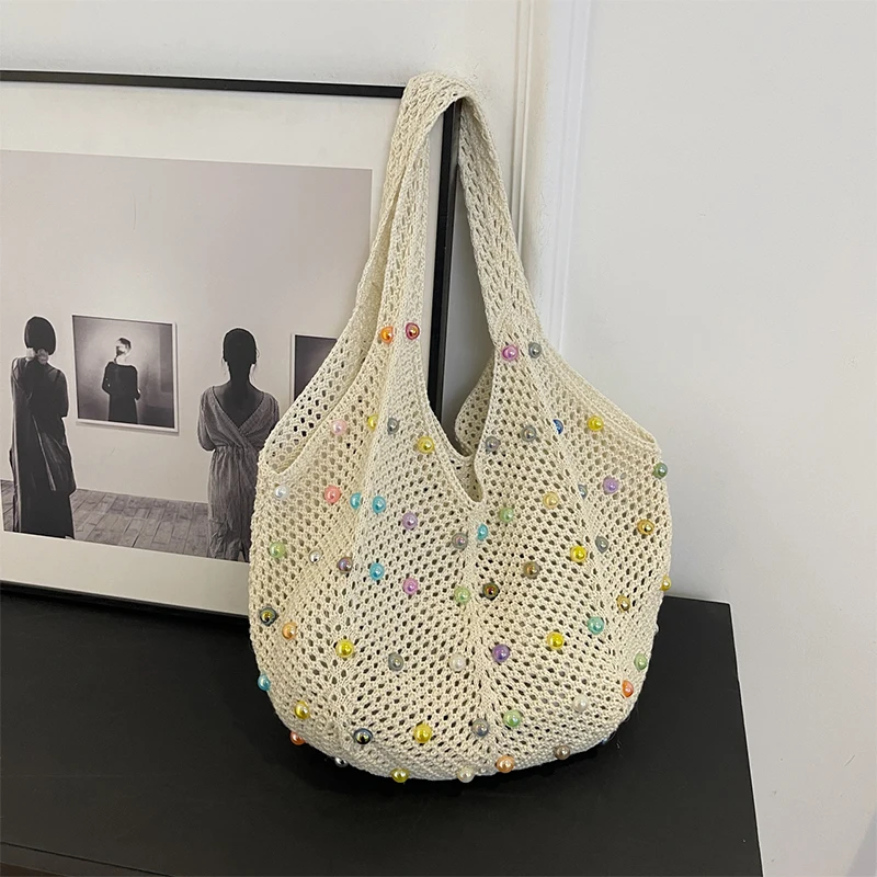 

Fashionable Contrast Color Knit Bag New Japanese Color Bead Handbags Large Capacity Hollow Casual Single Shoulder Crossbody Bags