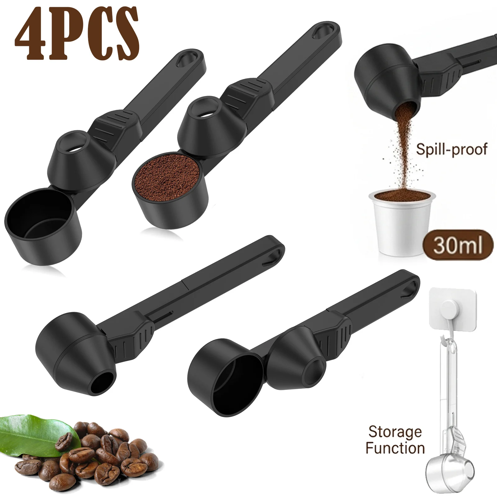 4pcs Coffee Scoop with Funnel for K Cup Refillable Coffee Pods, 30ml Measuring Spoon with Sliding Leveler Coffee, Protein Powder