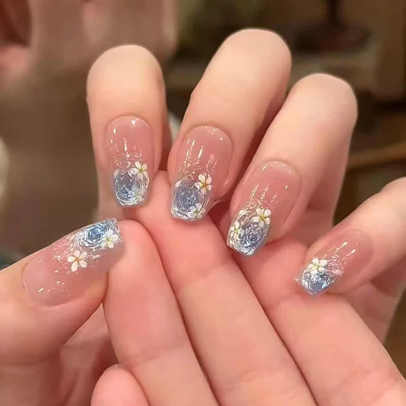 24Pcs Blue Smudge Cat's Eye Nail Tip Simple Flower Ballet Fake Nails Press on Full Cover Short Detachable False Artificial Nails