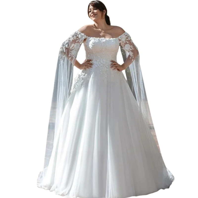A-Line Long Princess Wedding Dress With Off Shoulder Caped Flower Lace Appliques Customized Plus Size Bridal Gown Robe De mariée