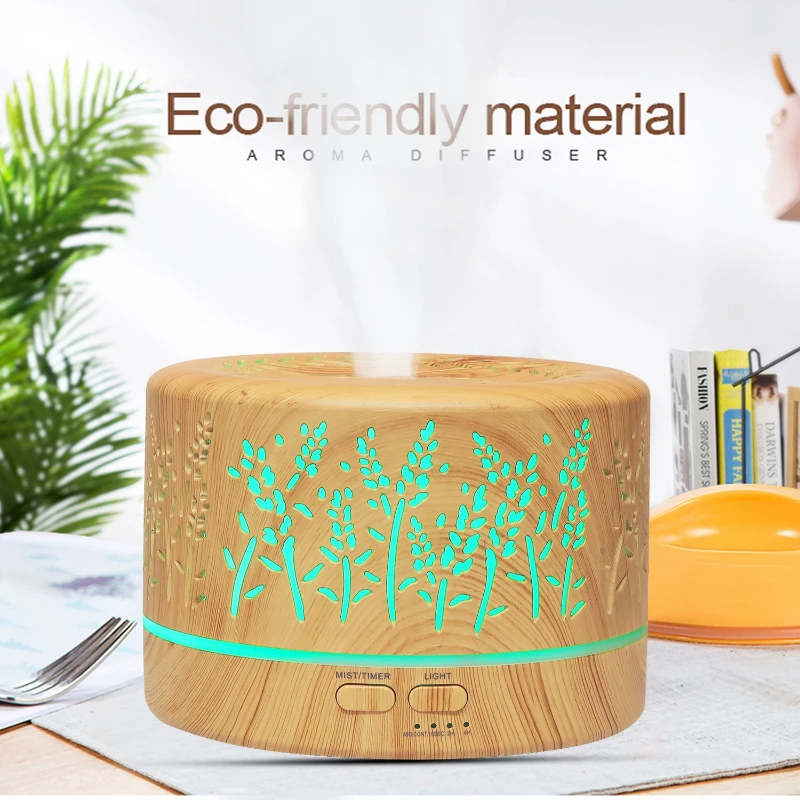 700ml Large Capacity Hollow Out Lavender Wood Grain Aroma Diffuser with Colorful Lighting and Air Humidification Aroma Machine