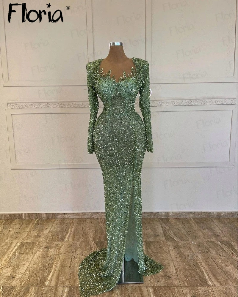 Couture Green Maxi Long Evening Dresses Arabic Queen Anne Neckline Wedding Party Gowns Sparkle Mermaid Second Reception Dresses