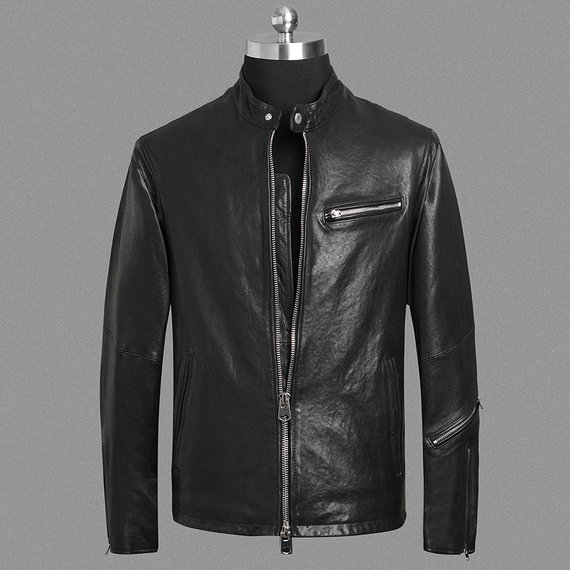 Black Spring Leather Jacket Men Formal Style Plus Size 3XL Genuine Natural Sheepskin Stand Collar Slim Fit Leather Coat