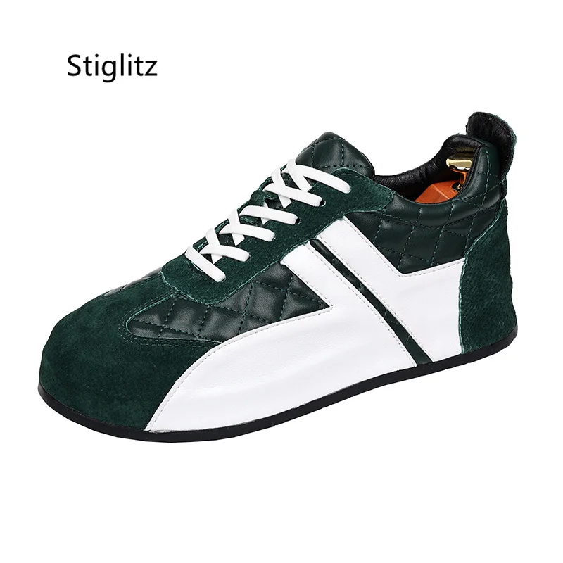 Green Casual Sneakers Shoes for Men Leather Comfortable Breathable Mixed Colors Outdoor Walking Running Hiking Sports Shoes Male