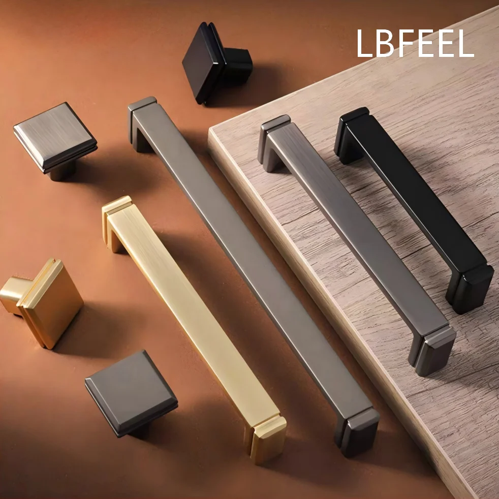 Modern Square Furniture Handles Gray Gold Drawer Knobs Black Kitchen Door Handles Zinc Alloy Wardrobe Cupboard Pulls LBFEEL