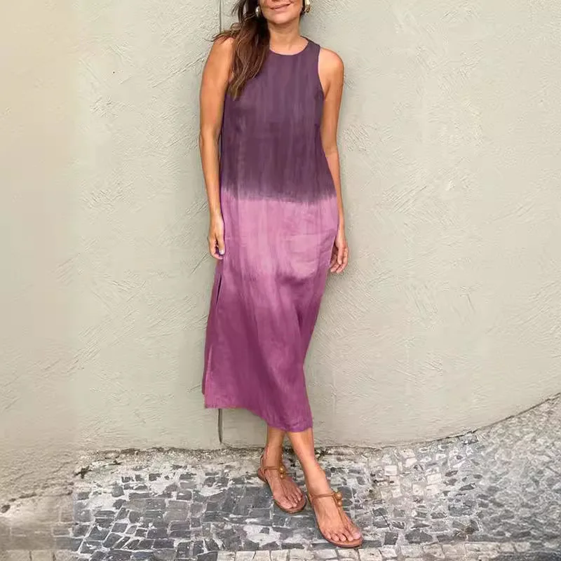 Verão feminino casual sem mangas fenda moda gradiente vestido 2025 temperamento longo vestido sem mangas para mulher