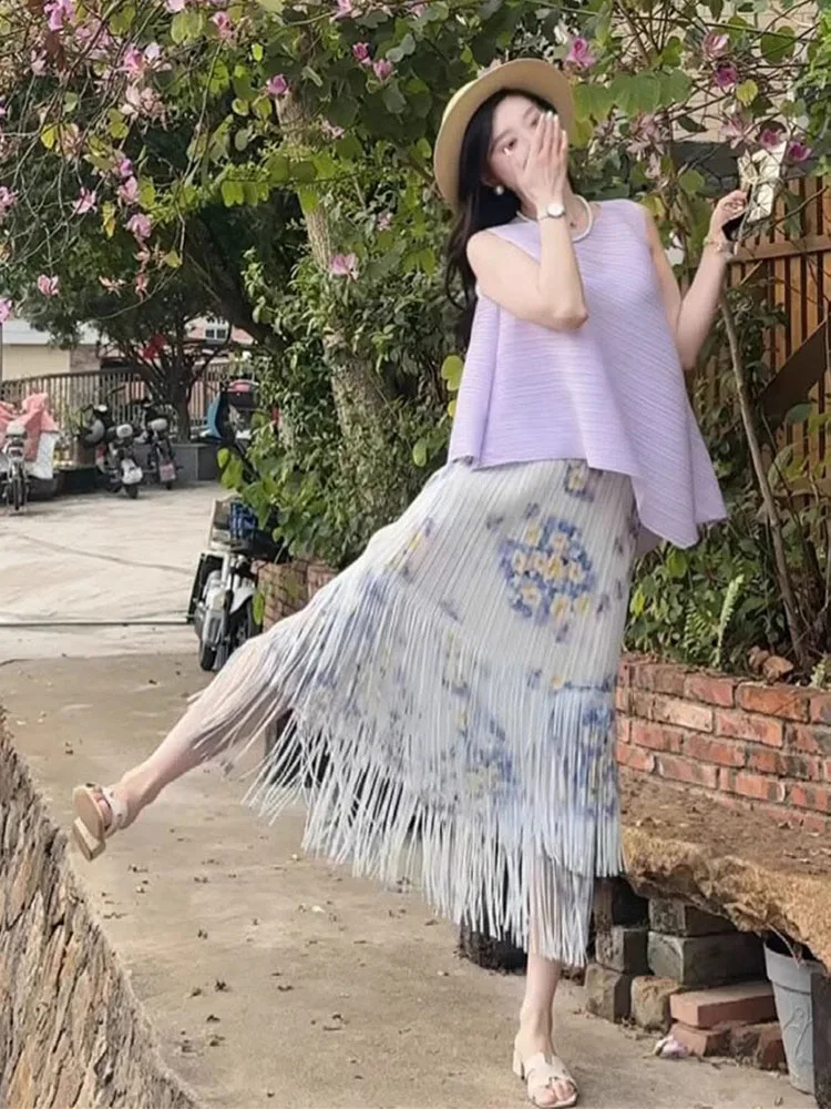 

Three Houses Summer Outfit Women's Fashion Design Sense Frill Hem Skirt Set Sleeveless Breathable Polyester Casual Style