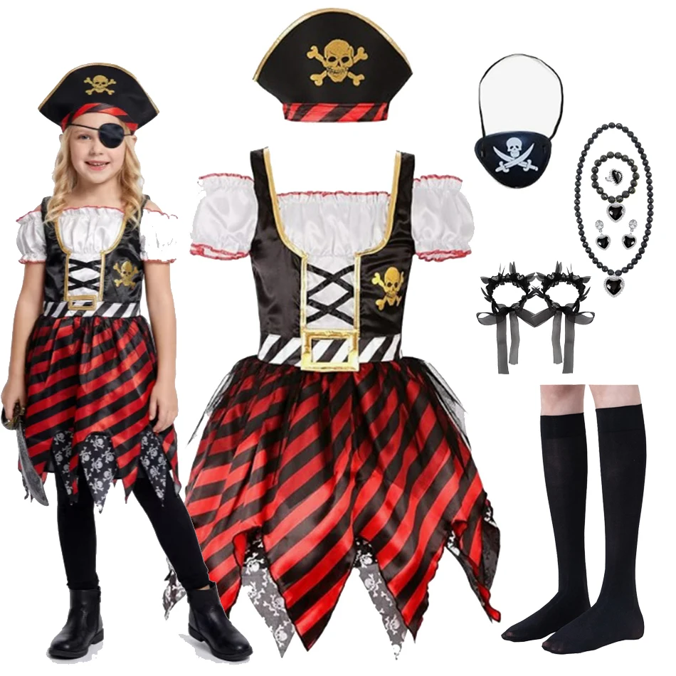 Kids Pirate Costume for Girls Halloween Cosplay Dress with Hat and Eye Patch Skull Print Striped Tutu Dress for Carnival