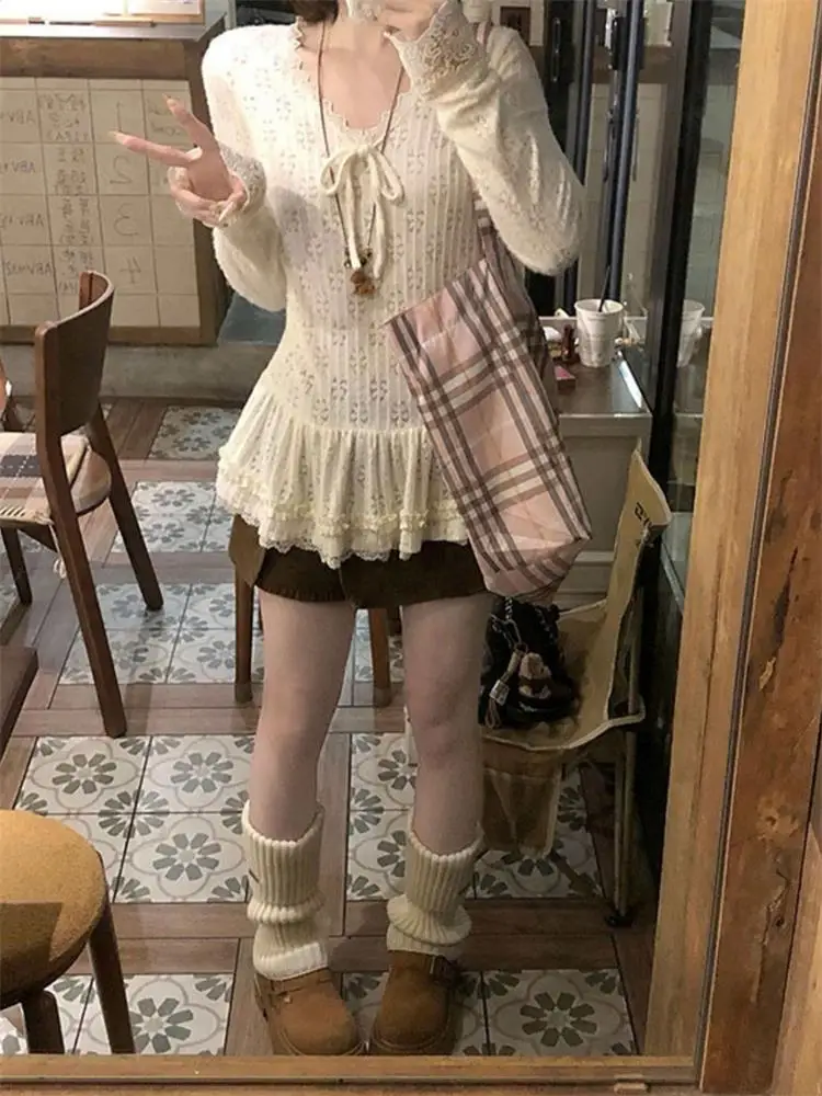 

Sweet Spicy Girl Long Sleeve T-Shirt Women Autumn Winter Base Shirt Lace Korean Style Lazy Loose Feeling Top for Girls