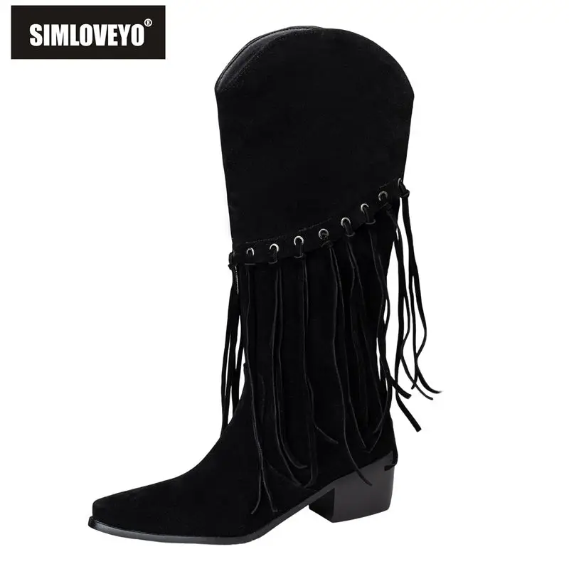 

SIMLOVEYO/2020 новые женские ботинки до середины икры в стиле ретро, острый носок, 5,5 см, туфли на блочном каблуке, без шнуровки, с металлическими украшениями, большие размеры 46-48