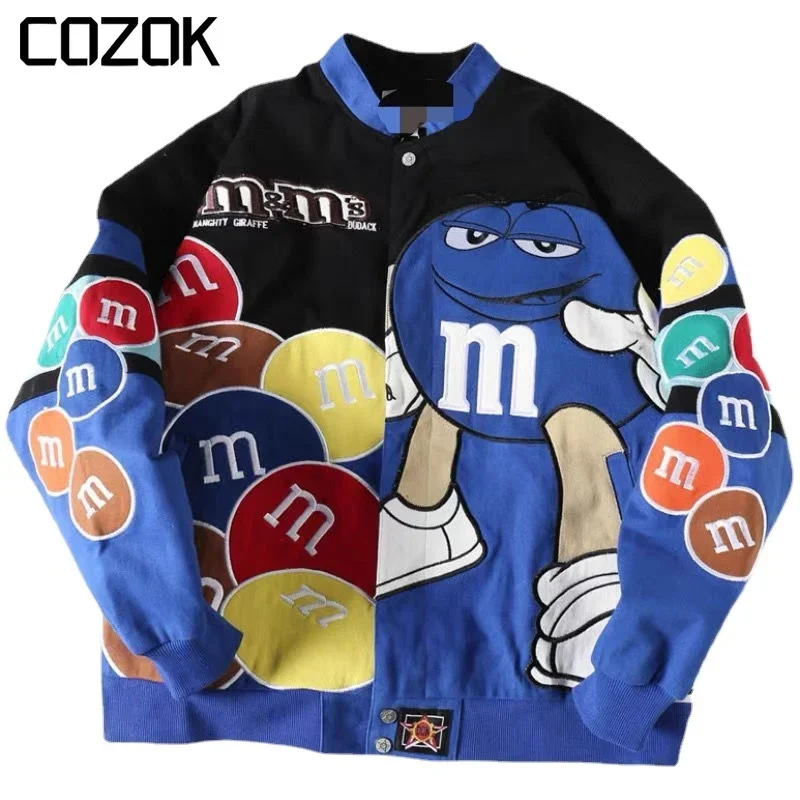 

Heavy Industry Embroidery Bomber Jacket Men Woman Winter Cartoon Pattern Racing Motorcycle Varsity Jacket Winter Thick Coat