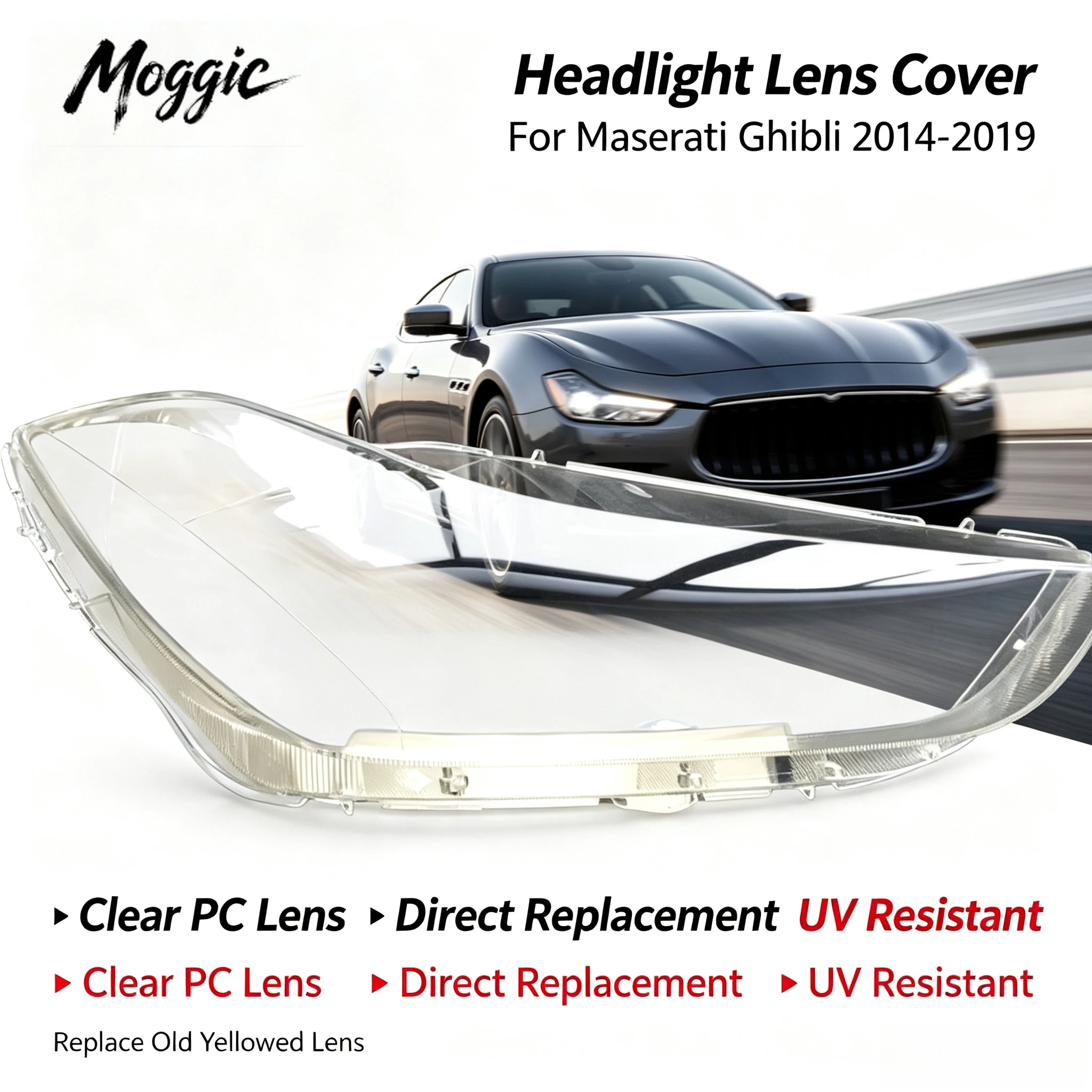 Moggic Headlight Lens Cover For Maserati Ghibli 2014-2019 Left Right Pair Optional Butyl Seal Glue Transparent Replacement Shell