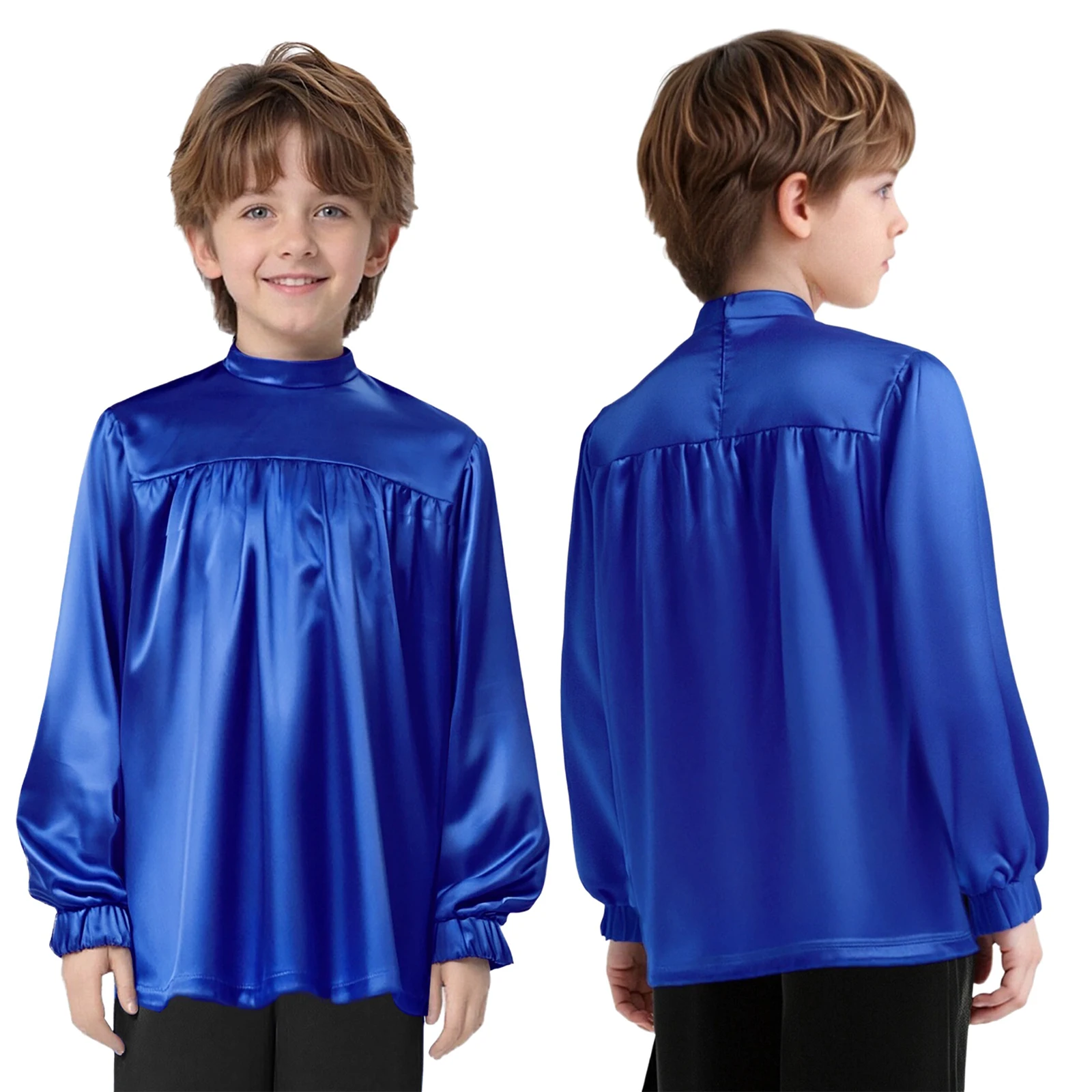 

Boys Girls Liturgical Praise Dance Tops Glossy Satin Long Sleeve Back Invisible Zipper Blouses Pullover Top Worship Dancewear