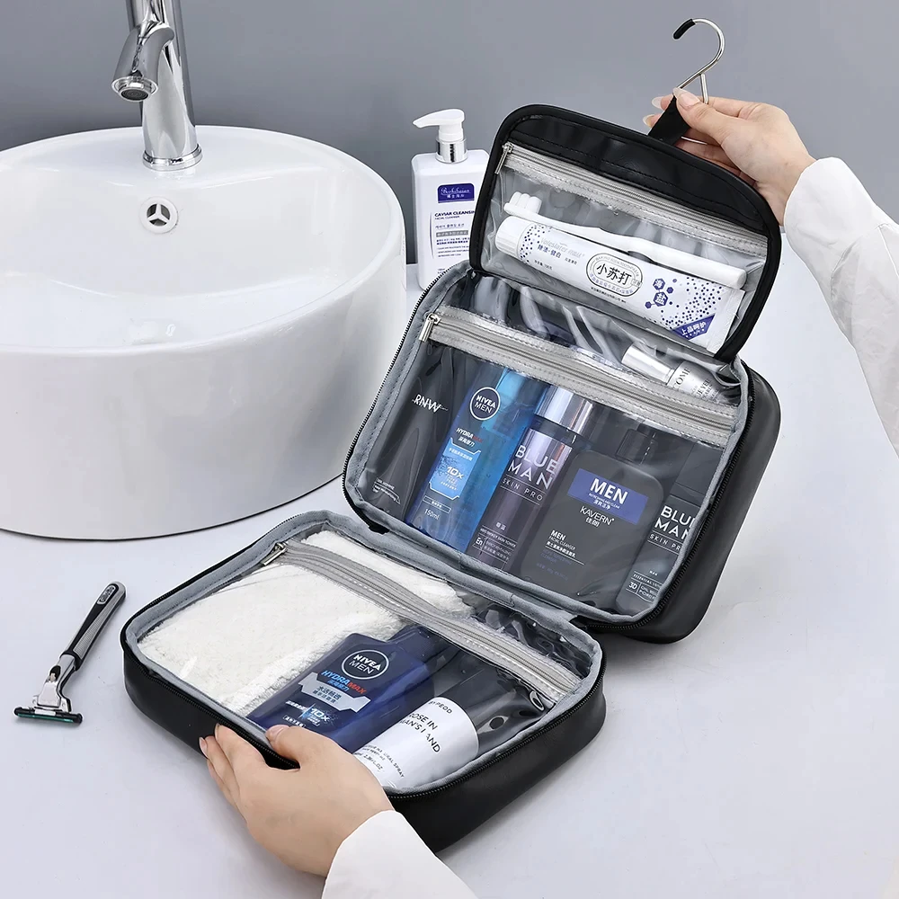 Uomo donna viaggio borsa cosmetica da toilette in pelle PU borsa da toilette da appendere portatile custodia per cosmetici per il trucco per il bagno