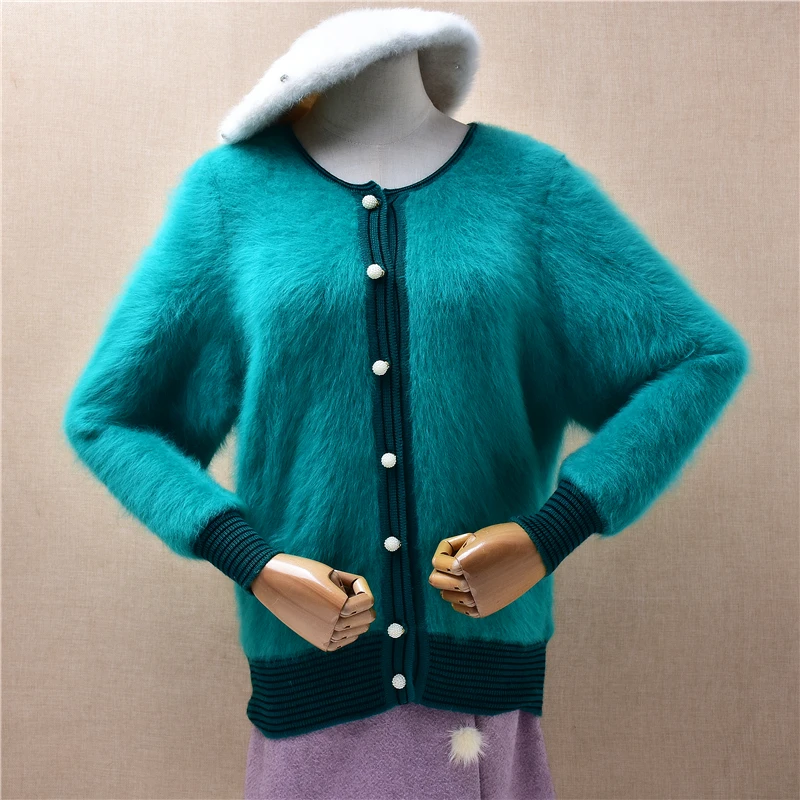 Ladies Women Autumn Winter Vintage Hairy Soft Angora Rabbit Hair Knitted Long Sleeves Loose Cardigans Mink Fur Sweater Jacket