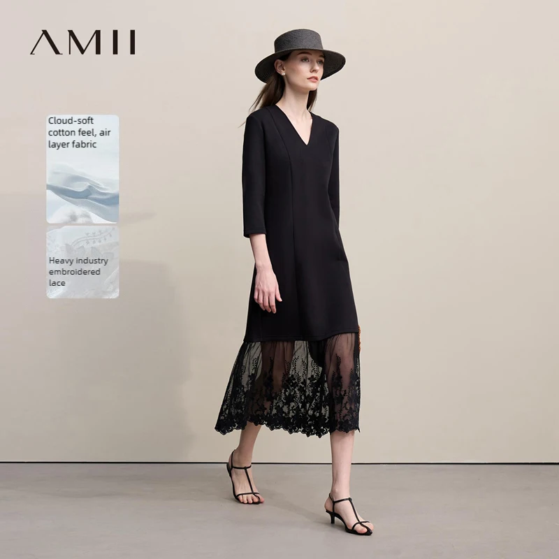 

Женское платье Amii 2026: Новинка весенней коллекции, имитация двух частей, кружевные вставки, V-образный вырез, рукав три четверти, элегантная юбка 12621062