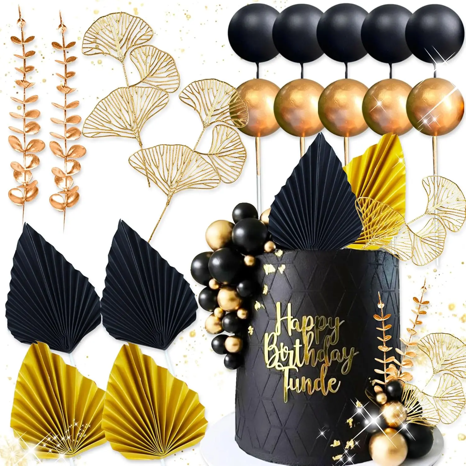 Laventy preto ouro bolas bolo topper folhas de ouro decoração do bolo baile decoração do bolo rugido 20s decoração do bolo