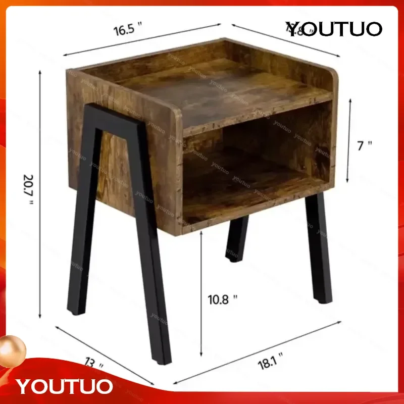 for Industrial Small Space Nightstands with Iron Legs Set of 2 Rustic Brown Finish