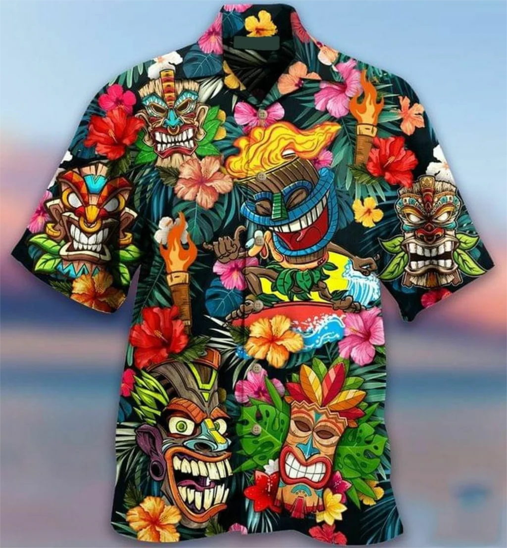 New Hawaii Shirt Wiki Totem Pattern for Men Short Sleeve Cuban Tops Plus Size Beach Summer Vacation Shirts for Men And Women