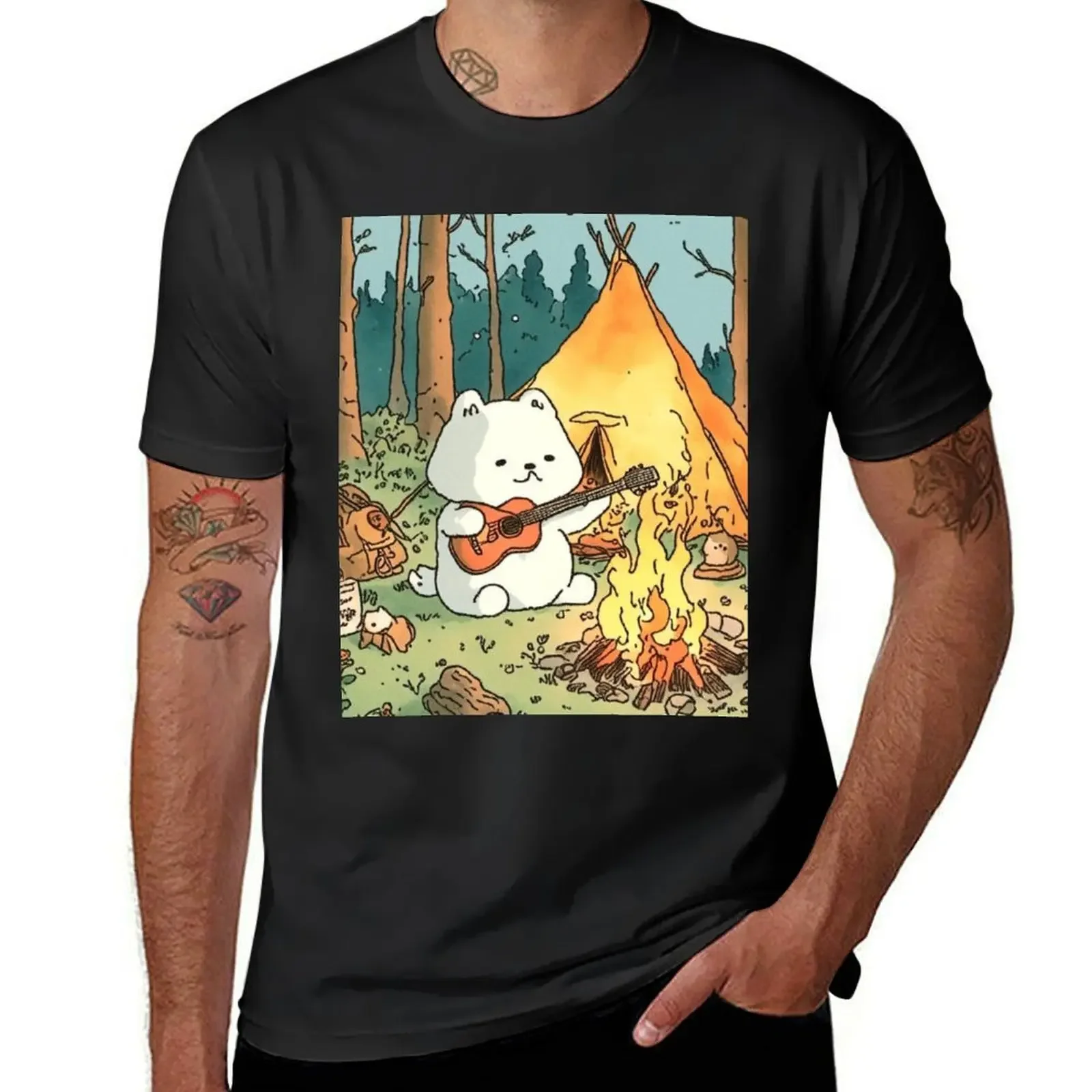 dog camping fire T-Shirt cotton graphic tees custom t shirt fitted t shirts for men