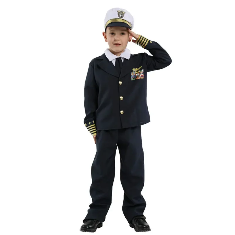 Kids Child Navy Admiral Captain Pilot Costume Uniform for Boys Halloween Purim Carnival Party Mardi Gras Fancy Dress