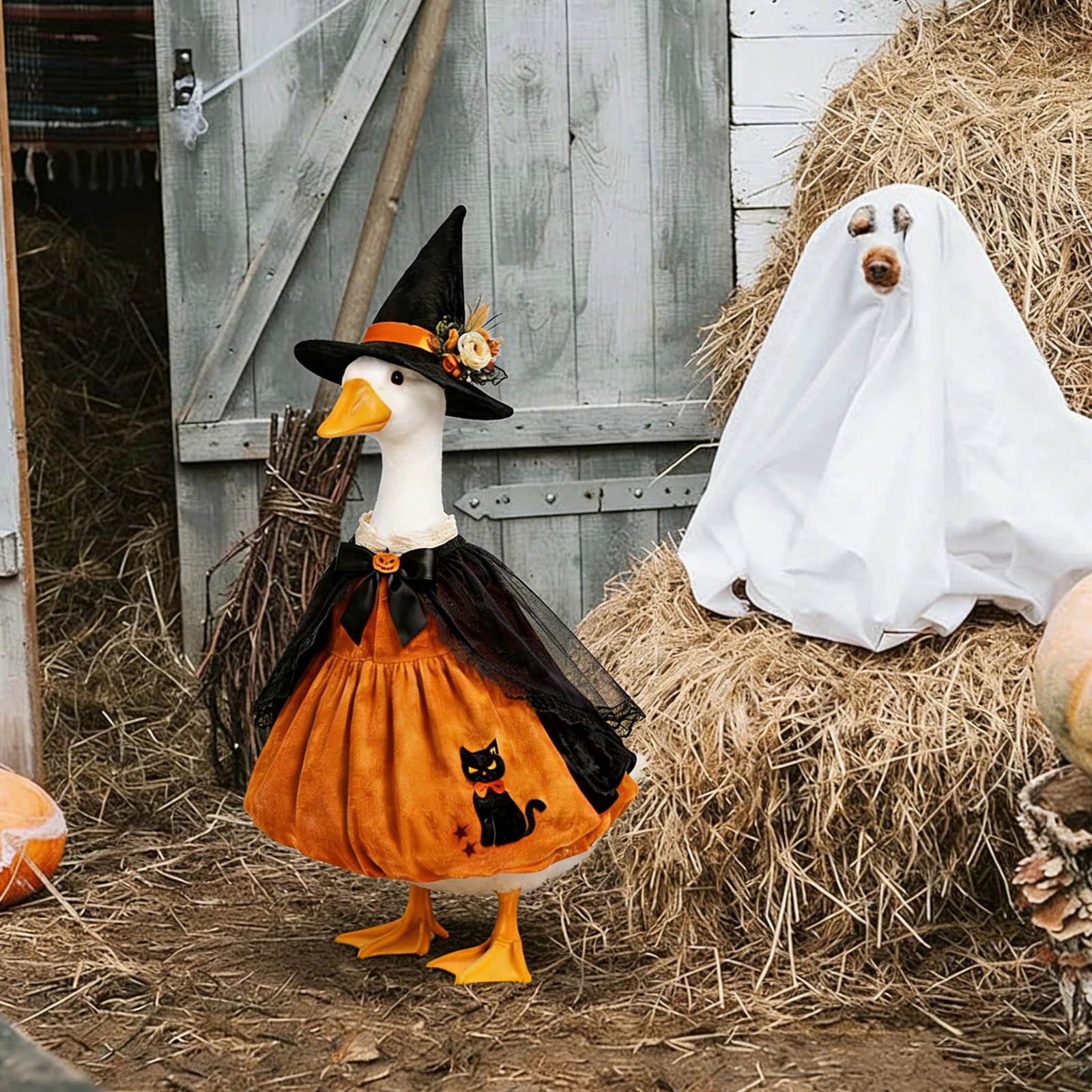 Elegant Pumpkin Witch Goose Outfit 23-Inch Porch Goose Black Cat Dress with Matching Hat for Party Garden Outdoor Statues