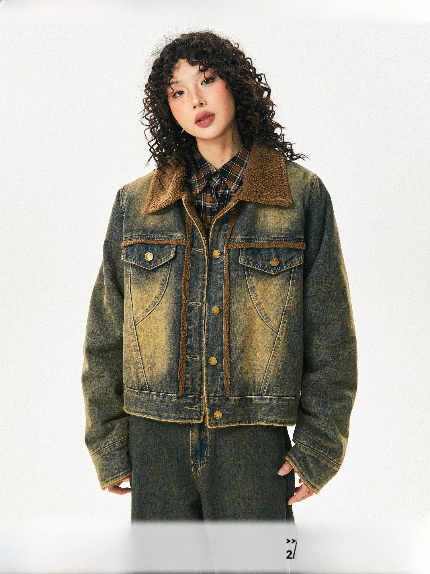 

Young Stage Vintage Lamb Fur Lined Thiened ort Denim Jaet Women's Winter Faion Cotton Coat Sli Small Size