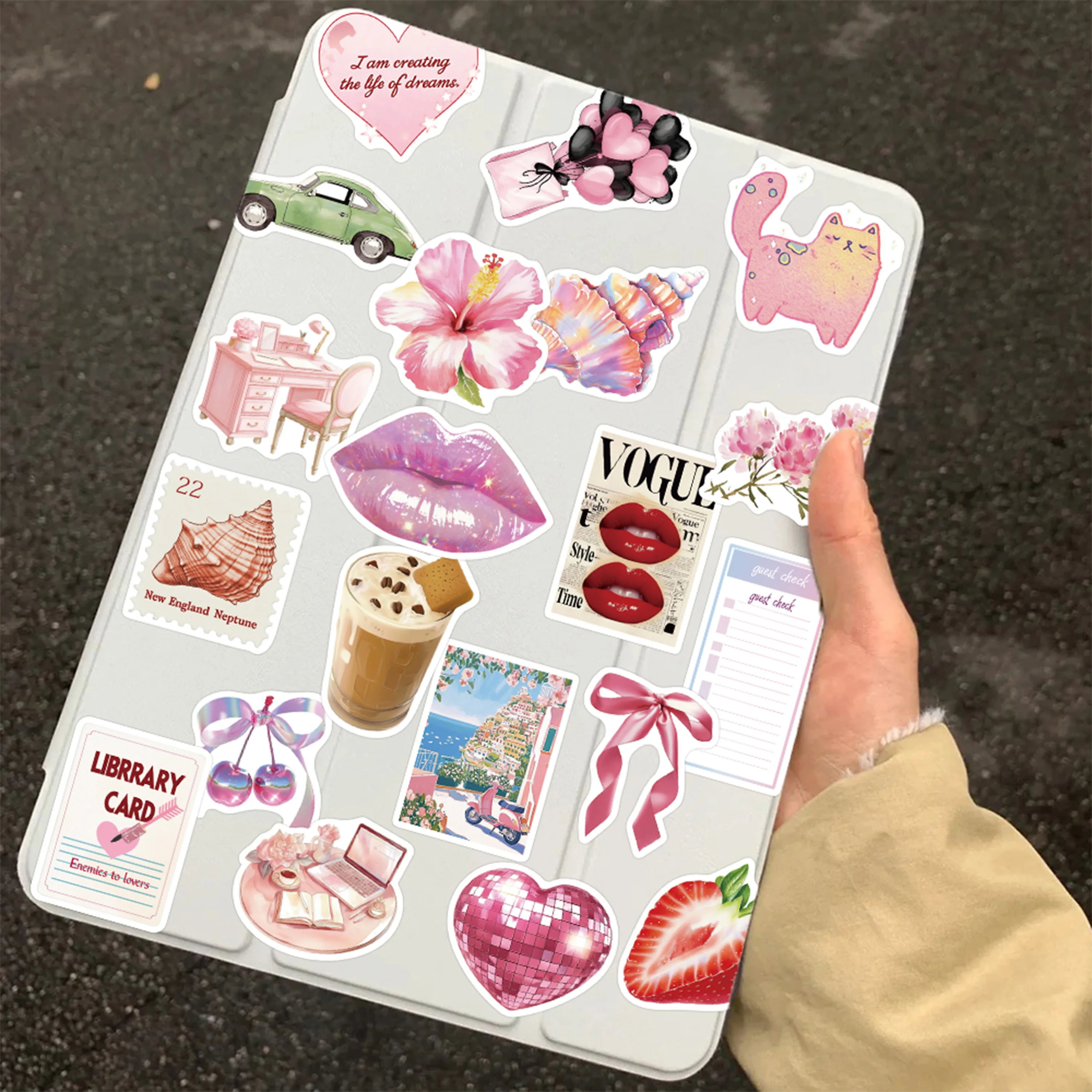 50pcs 핑크 리본 스티커 패션 귀여운 데칼 냉장고 옷장 지갑 배낭 잡지 다이어리 장식 스티커 학생 보상 썸네일 5