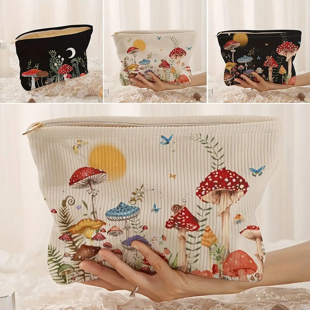 

Fashion Mushroom Print Cosmetic Bag Large Capacity Zipper Coin Purse Corduroy Storage Bag
