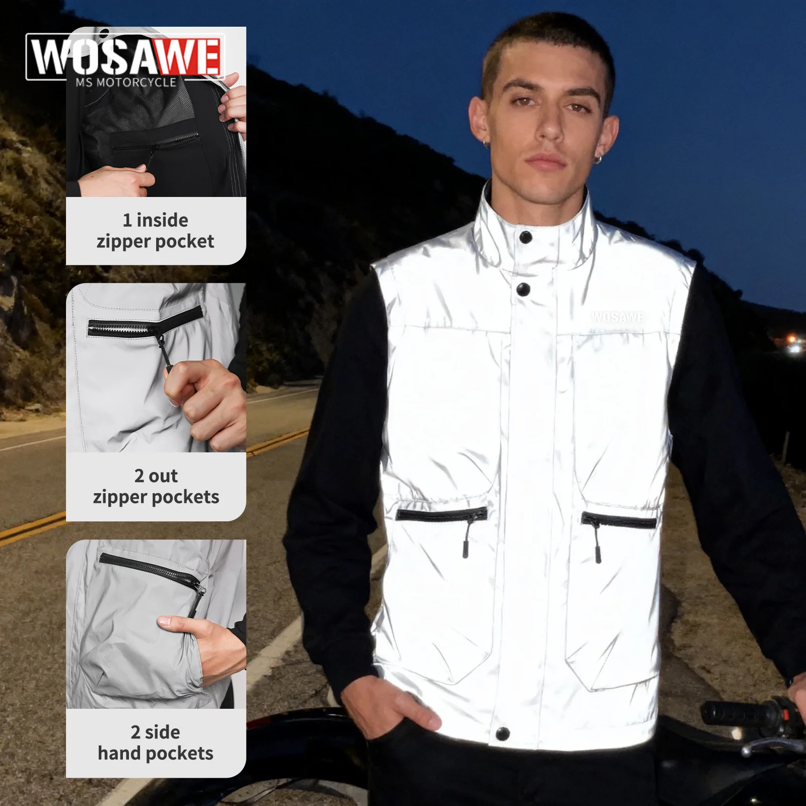WOSAWE Motorcycle Jacket Vest High Visibility Breathable Reflective Vest Multi-pocket Sleeveless Running Cycling Clothing