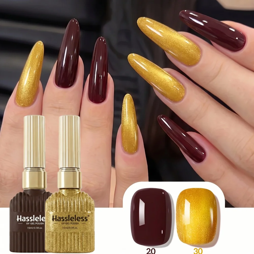 Hassleless Deep Chocolate Brown Glitter Nail Polish Gel 2Pcs, Maillard Autumn Nail Color Series, Solid Brown and Shimmering Nail Polish Gel, Elegant Autumn and Winter DIY Nail Kit