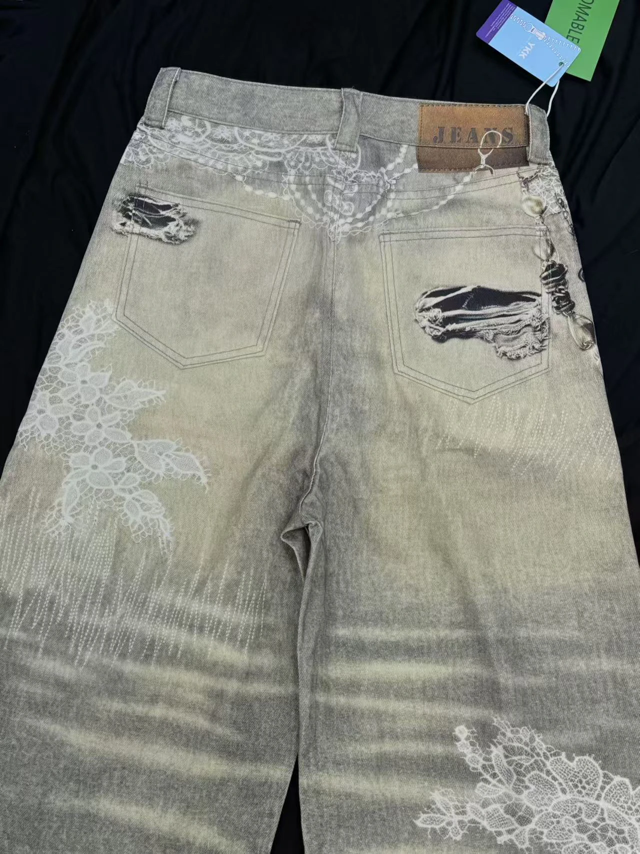 

American Sle Retro Heavy Du Cross Print Jeans Women Summer Casual Loose Wide Leg Long Pants High Waist Zipper Fly