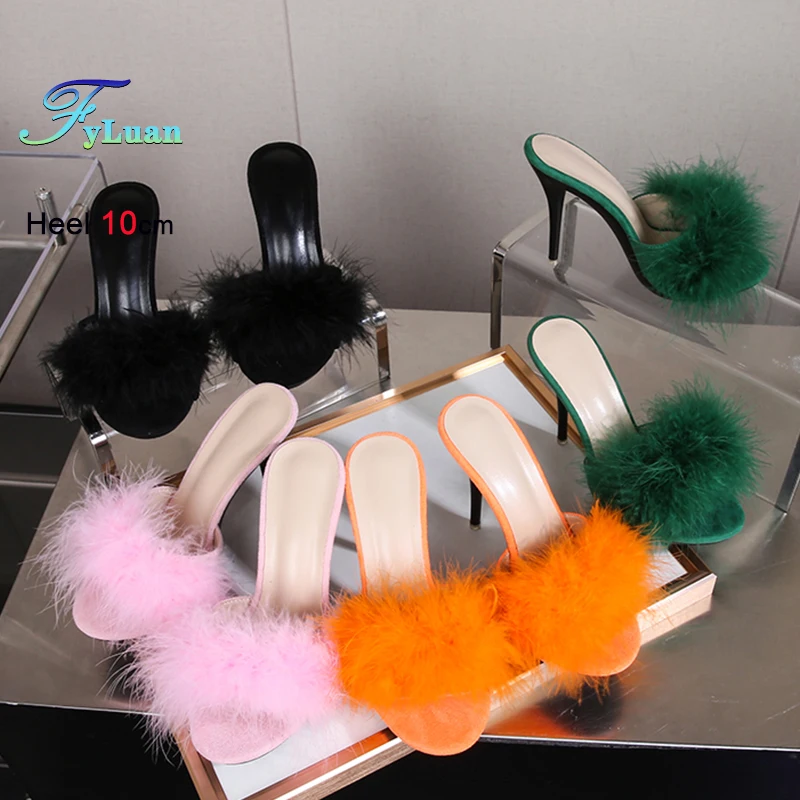 

Sexy Furry Slippers For Ladies Summer High Heels 10CM Stiletto Party Sandals Pink Black Green Fur Slides Plus Size Women Shoes