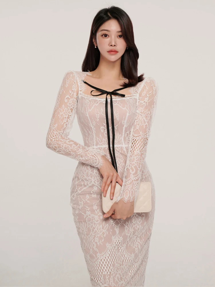 Women Clothes White Lace Sheer Sexy Square Neck Slim Midi Pencil Dress Elegant Fashion Hollow Floral Party Prom Vestidos Fiesta