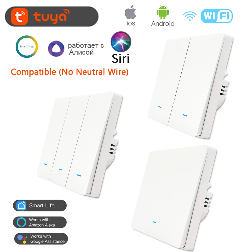 Smart Wall Touch WiFi Push Button No Neutral Wire Tuya Wireless Control Whole House Light Work with Alexa Google SIRI