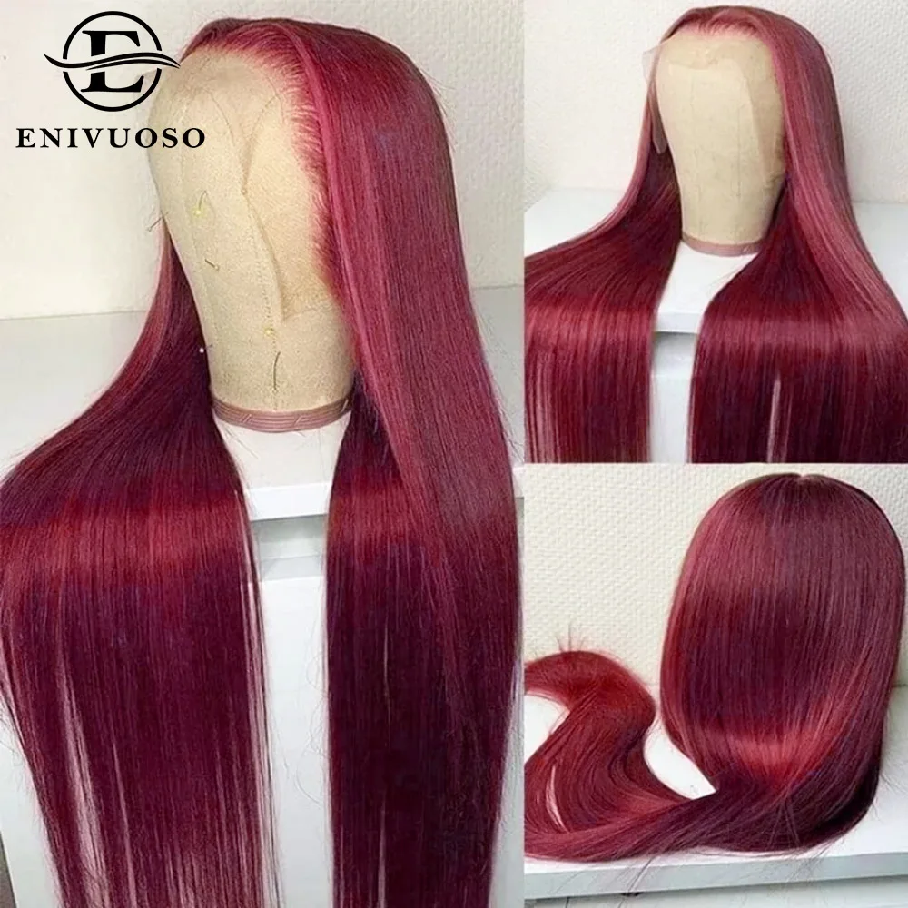 13x6 Red Straight HD Lace Front Wig Pre-Plucked Glueless Long Straight 99j Burgundy Synthetic Lace Front Wigs For Black Women