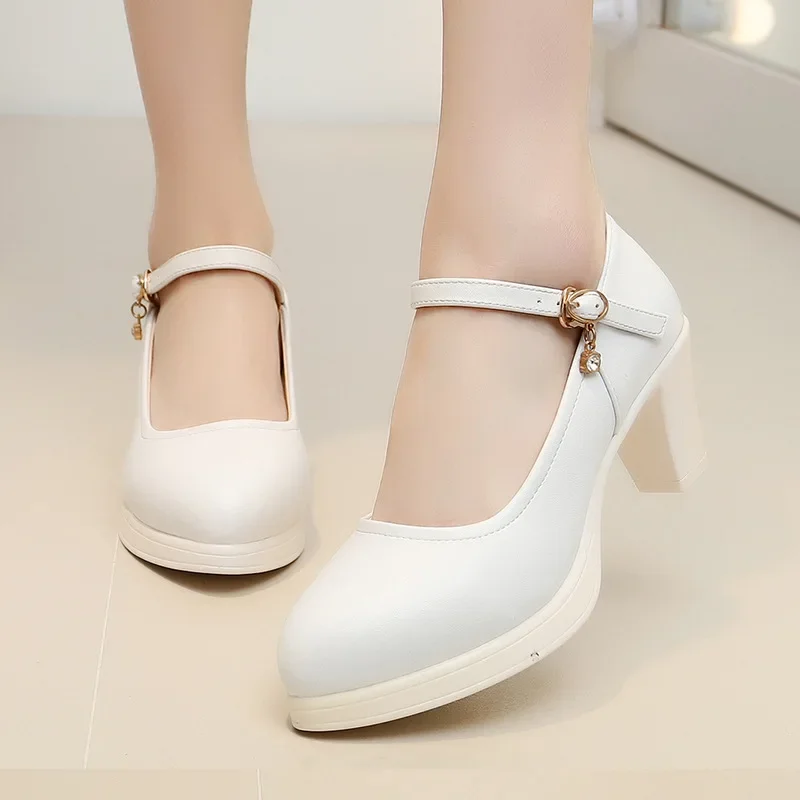 Small  Size 33 44 Women's Genuine Leather Shoes 2022 Spring Block Med Heels Pumps Women Platform Shoes Black for Office