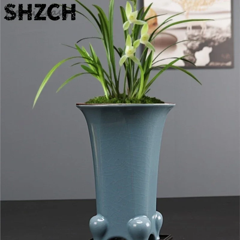 Chinese Orchid Purple Sand Flower Pot Household Indoor Desktop Ceramic Bonsai Pot High Cracked Decorative Flower Pot 1PCS LF540