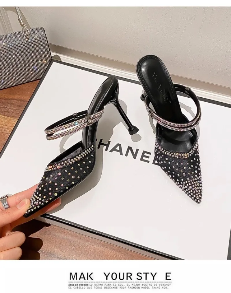 Female Baotou Sandals Thin Heel Slippers Outside Wearing Small Size Pointed High Heels Rhinestone Mesh Sexy