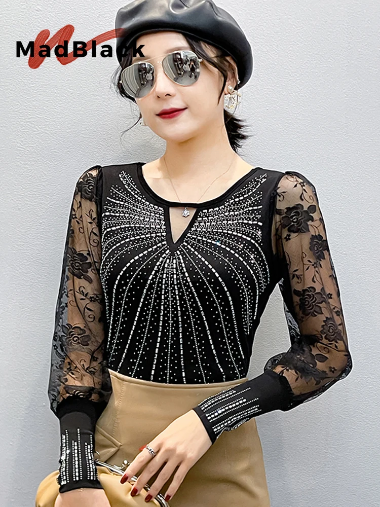 MadBlack-Women European T-Shirt, Sexy O Neck Hot Diamond, Hotsweet Long Sleeve Slim M-3XL Sheer Tee, 2026 Autumn New T69607CC