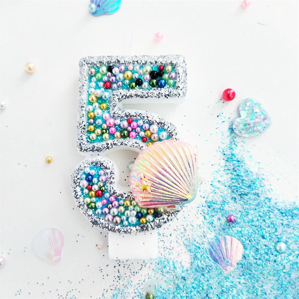 Blue Sea Shell Sequins Number Birthday Candles Cake Topper Birthday Wedding Digital Cakes Dessert Decor Mermaid Party Decoration