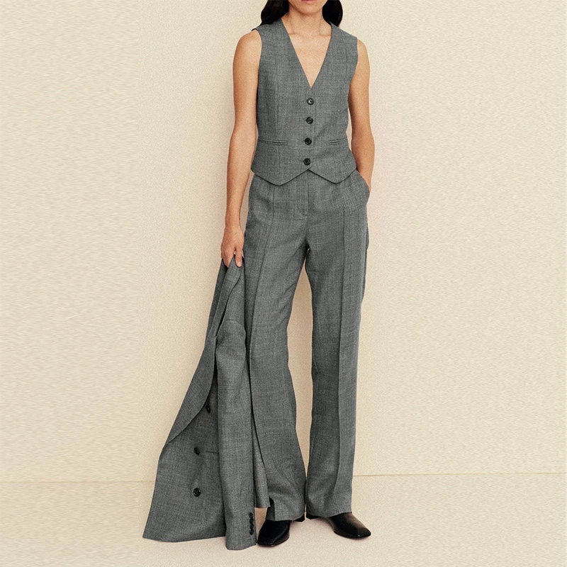 

Офисный женский комплект из 3 предметов, стильный пиджак «Челси», однобортный жилет на молнии, прямые брюки, новый повседневный женский костюм 2025 года