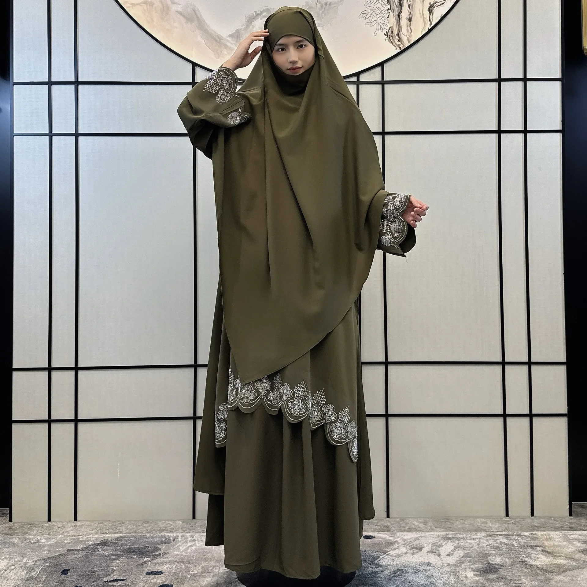 Abaya-Robe musulmane pour femme, ensemble 3 pièces, robe élégante, broderie, repassage diamant, robe de vacances Eid