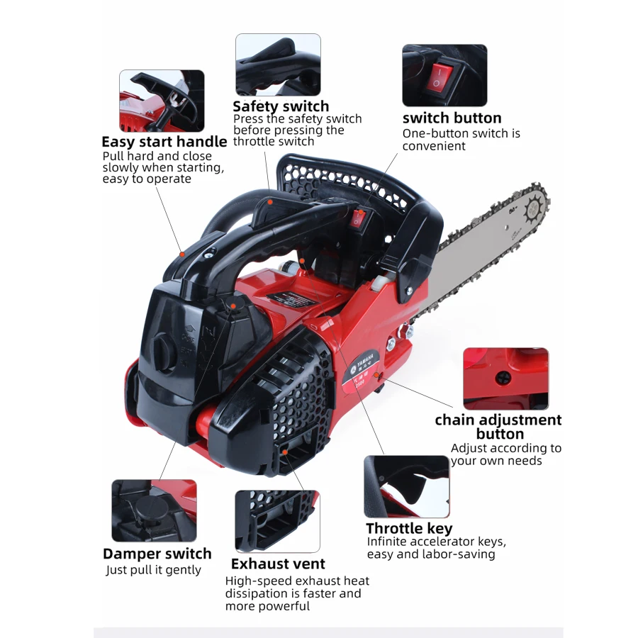 1800W Gasoline Logging Chainsaw Portable Single Handheld Saw Powerfull Mini Gasoline Saw Logging Chainsaw 25CC 15500RPM