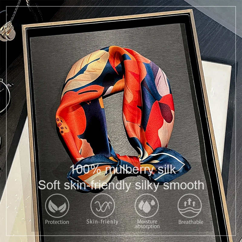

2026 New Spring 100% Pure Silk Scarf Women Floral Print Neck Hairband Foulard Bandana Square Small Scarves Headband Hijab Poncho