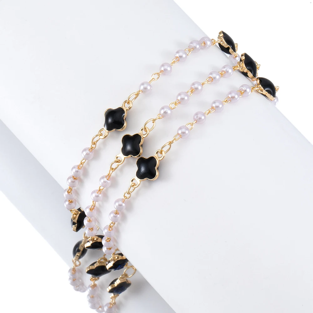 1 meter vintage pearl chain copper 14K gold plated black enamal square flower & imitation pearl chain for diy women necklace