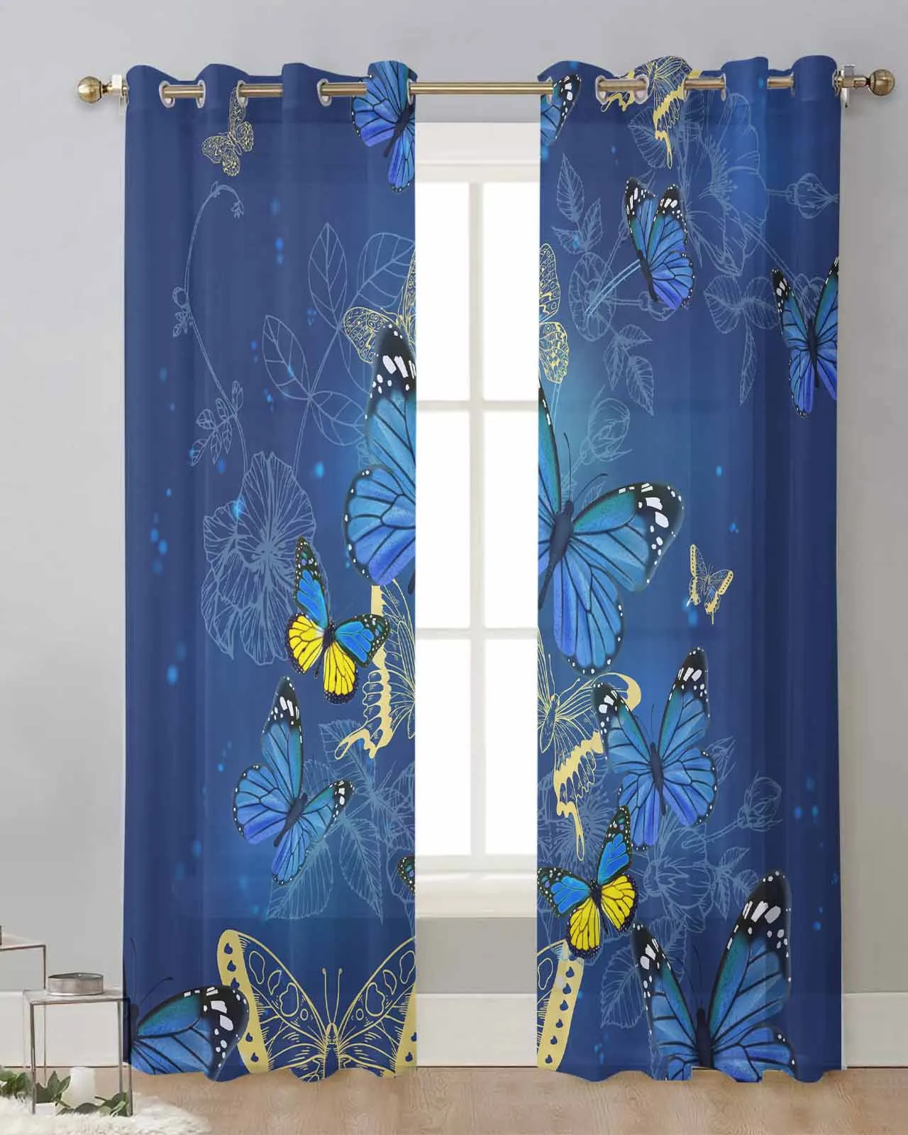 Kitchen Curtains Curtains for Party Decoration Butterfly Flower Blue Cover Curtain Cheap Things With Free Shipping for Home Room