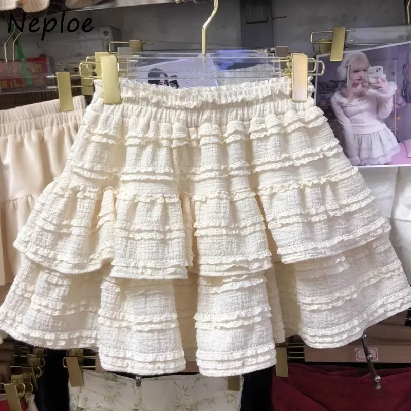 Neploe Harajuku Sweet Lace Ruched Cake Skirts Y2k High Waist Skirt for Women 2024 Summer New Ruffles Patchwork Faldas Mujer