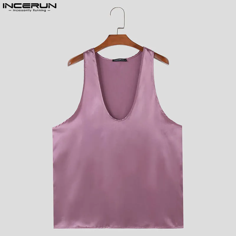 INCERUN Men Tank Tops Satin Solid Color U-neck Collar Sleeveless Male Vests Summer Streetwear 2024 Fashion Casual Men Clothing