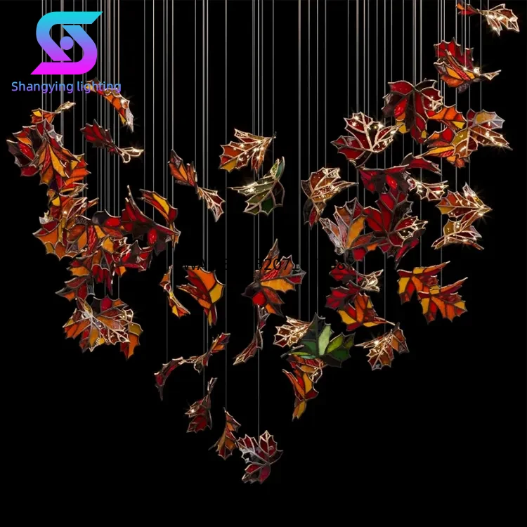 Maple Leaf Hotel Custom LED Glass Chandelier Adjustable Height Pendant Light E12 Bulb Base for Villa Banquet Hall Bar Stair Home